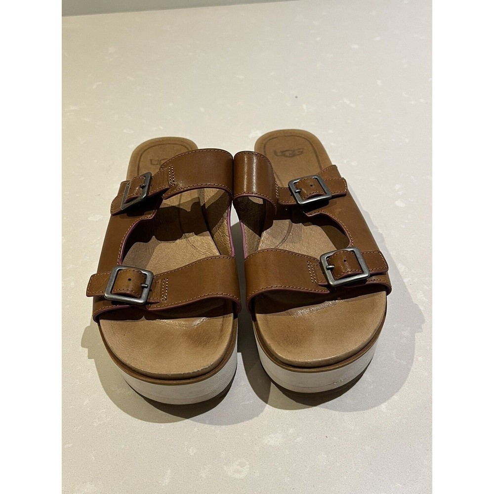 UGG AUSTRALIA HANNELI PLATFORM DOUBLE BUCKLE LEATHER SANDAL SLIDE Size 6